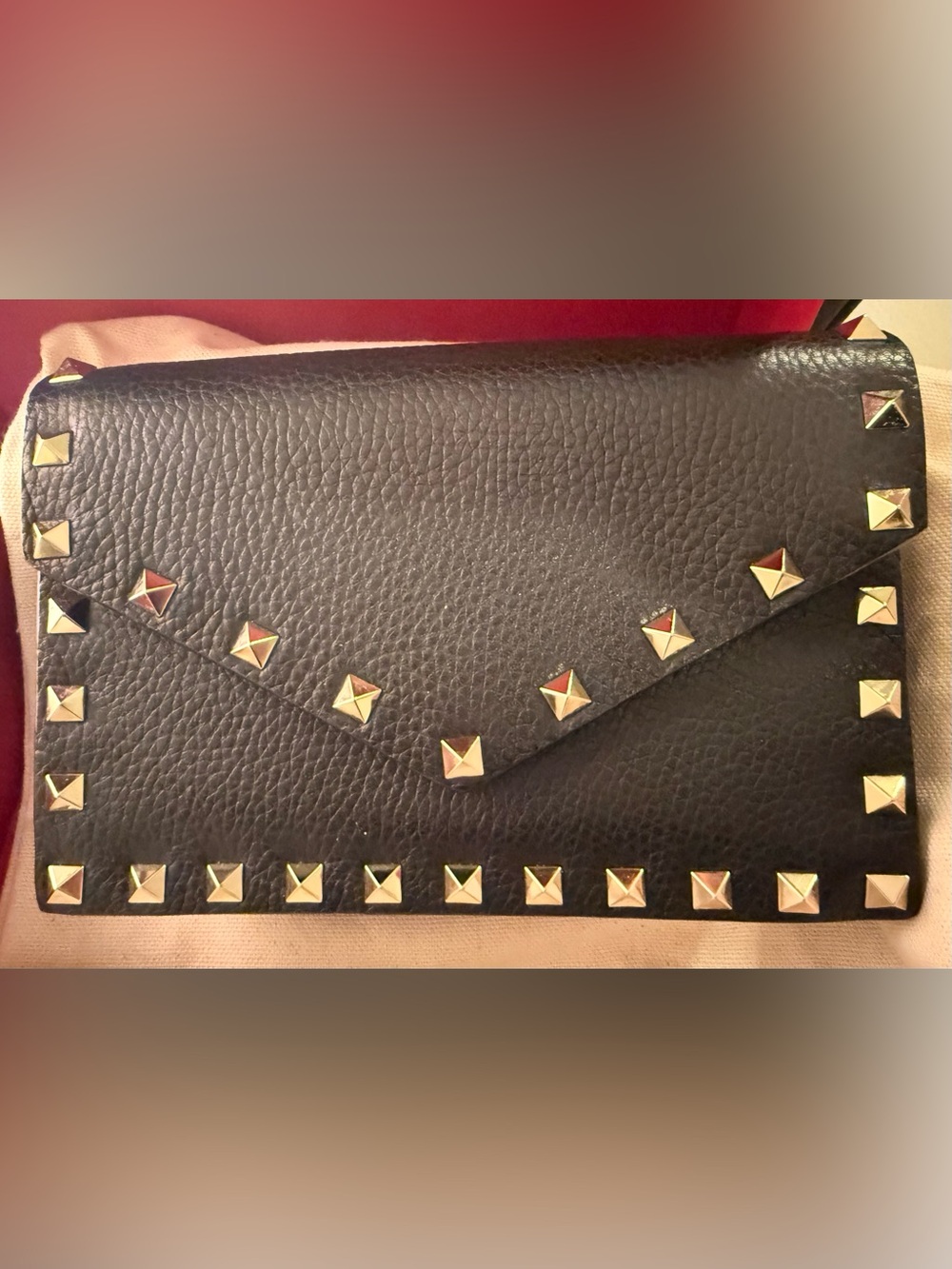 Valentino Black Leather Envelope Clutch with Gold Pyramid Studs
